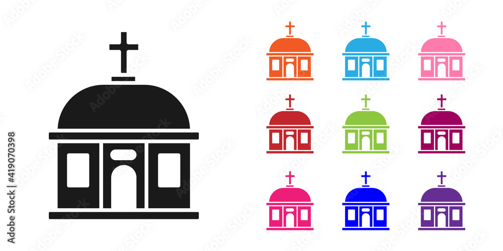 黑色圣托里尼建筑图标被隔离在白色背景上。传统的希腊蓝色白房子