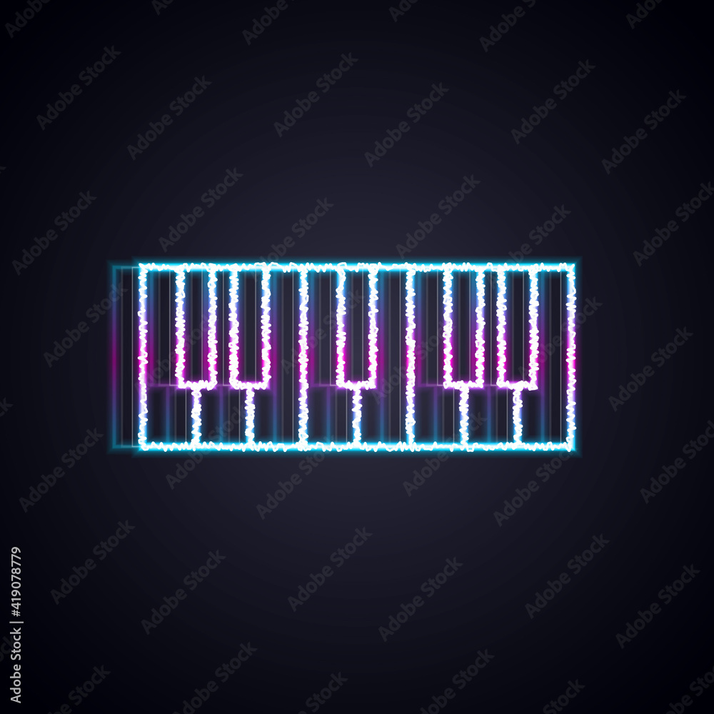发光的霓虹灯线音乐合成器图标隔离在黑色背景上。电子钢琴。矢量。
