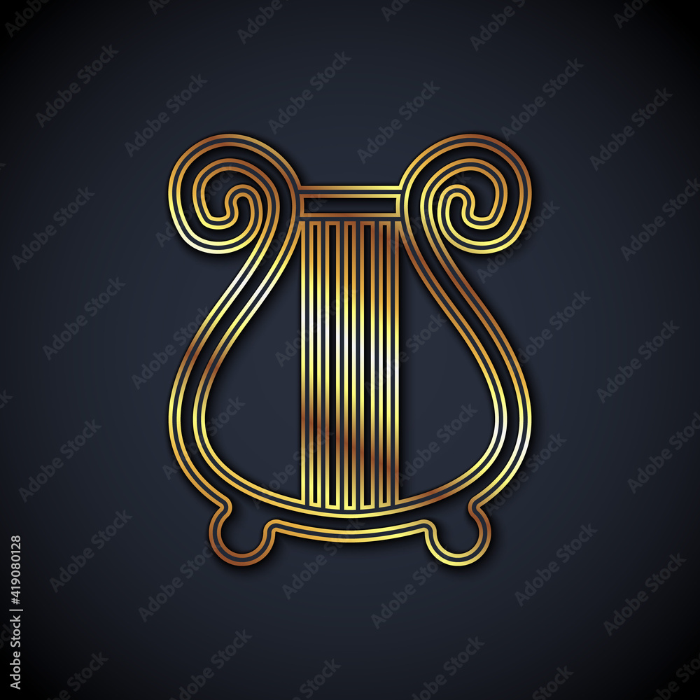 金线古希腊七弦琴图标，黑色背景。古典乐器，orhestra
