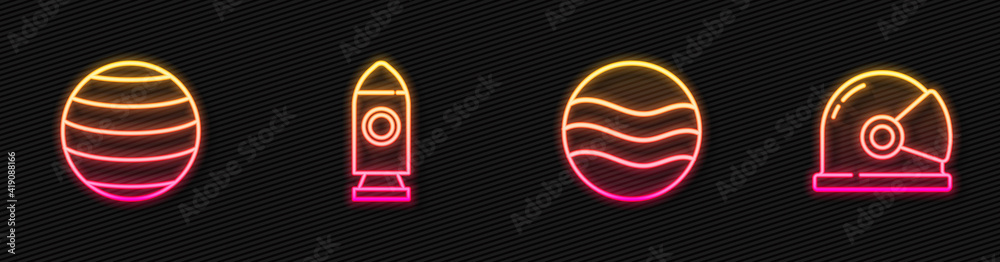 Set line Planet, Venus, Rocket ship and Astronaut helmet. Glowing neon icon. Vector.