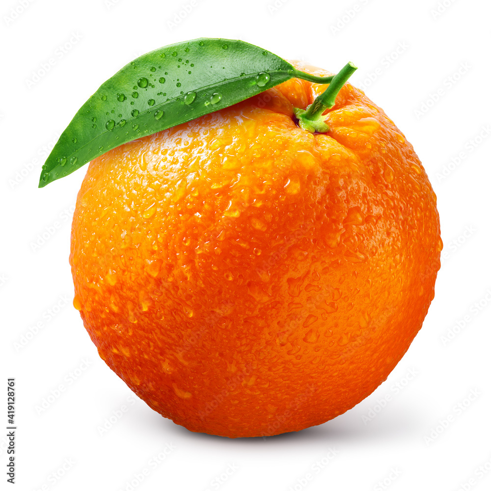 Orange fruit isolate. Orange citrus on white background. Whole orange fruit with leaves. Clipping pa