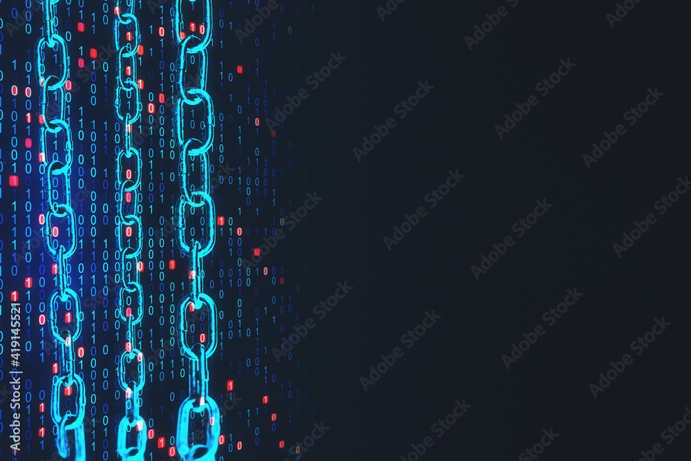E-commerce and blockchain business concept with glowing blue chain and digital coding numbers on abs