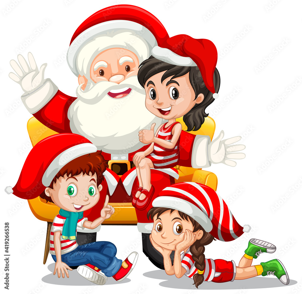 圣诞老人坐在膝盖上，白色背景上有很多孩子