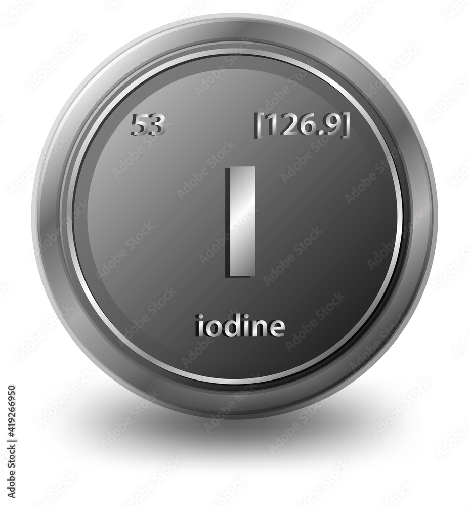 Iodine chemical element. Chemical symbol with atomic number and atomic mass.