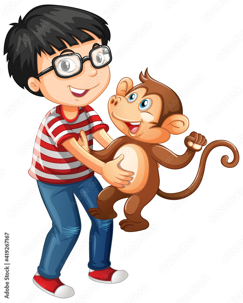 男孩抱着一只被隔离在白色背景上的小猴子
