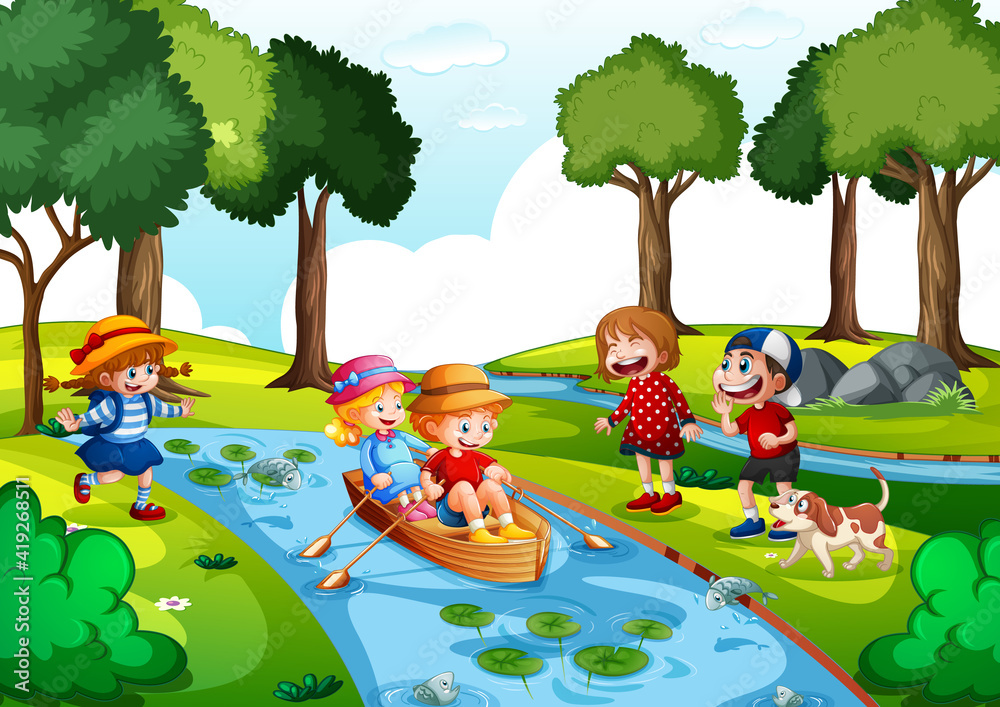 两个孩子和他们的朋友在白色背景下在瀑布划船