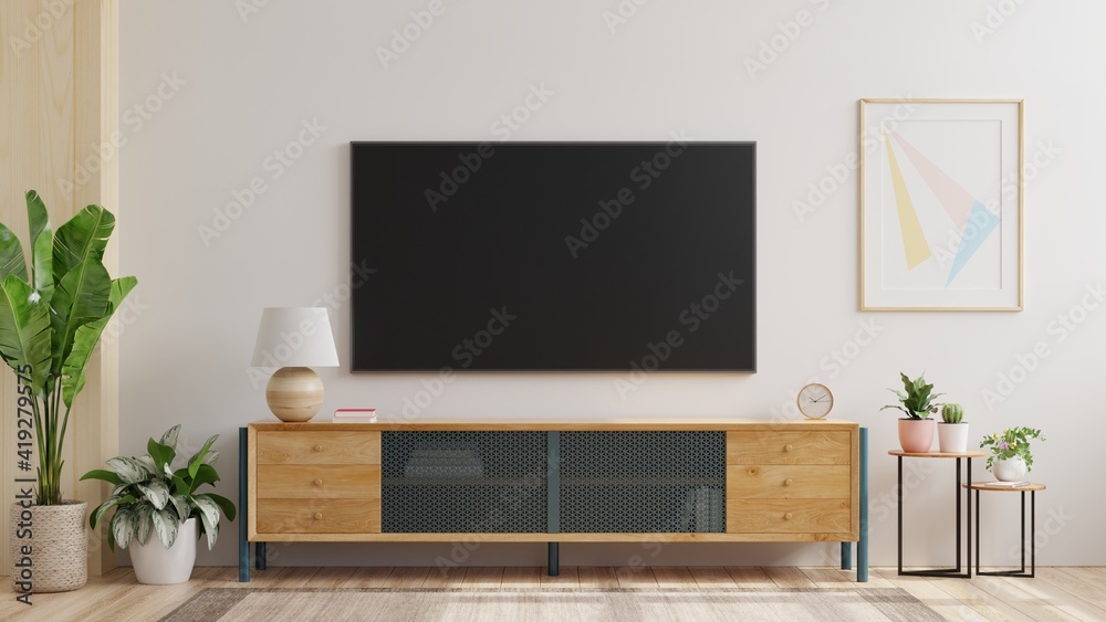 一个安装在客厅的白色墙壁上的电视墙模型。