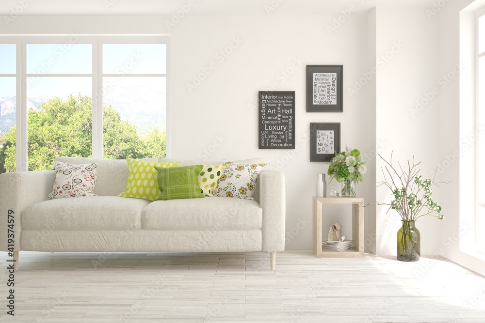 White living room with sofa and summer landscape in window. Scandinavian interior design. 3D illustr