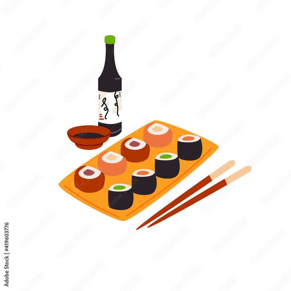 Soy sauce, wasabi, ginger with chopsticks in cartoon style. Sushi set on bamboo board isolated vecto