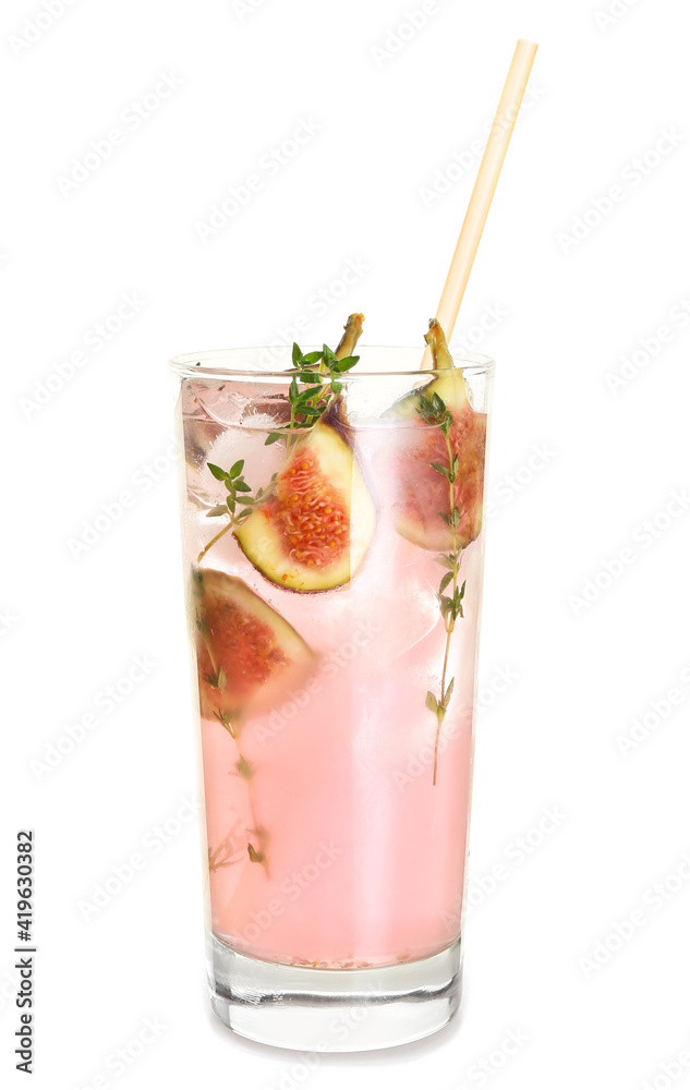 Glass of tasty fig lemonade on white background