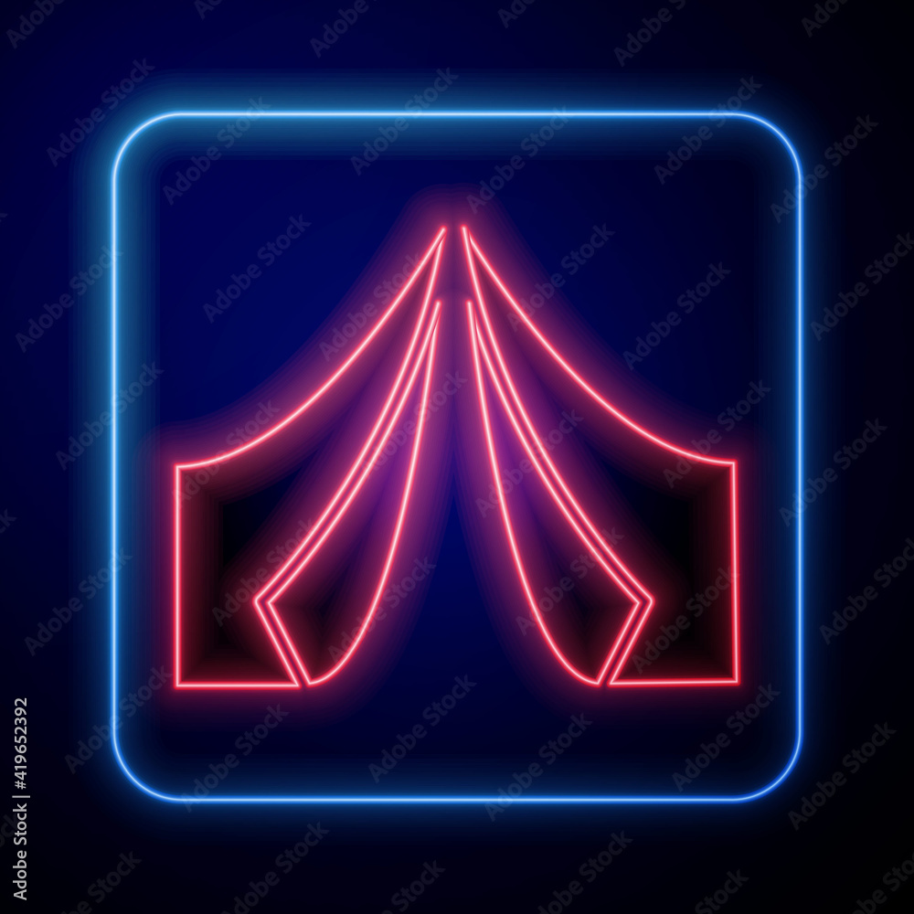 Glowing neon Tourist tent icon isolated on blue background. Camping symbol. Vector.