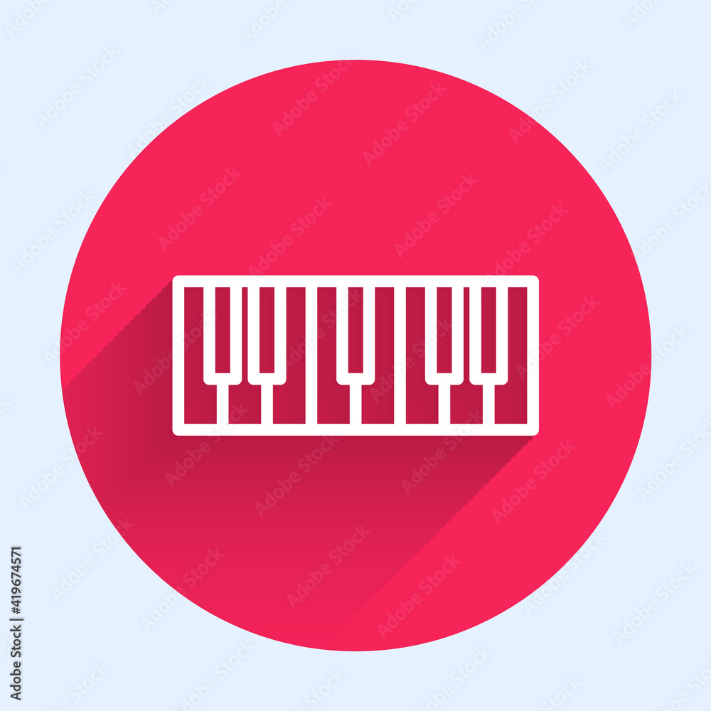 White line Music synthesizer icon isolated with long shadow. Electronic piano. Red circle button. Ve