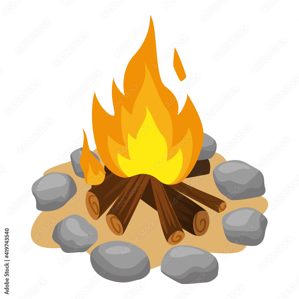 Bonfire fenced with stones cartoon icon. Campfire, burning fuelwood, woodpile.