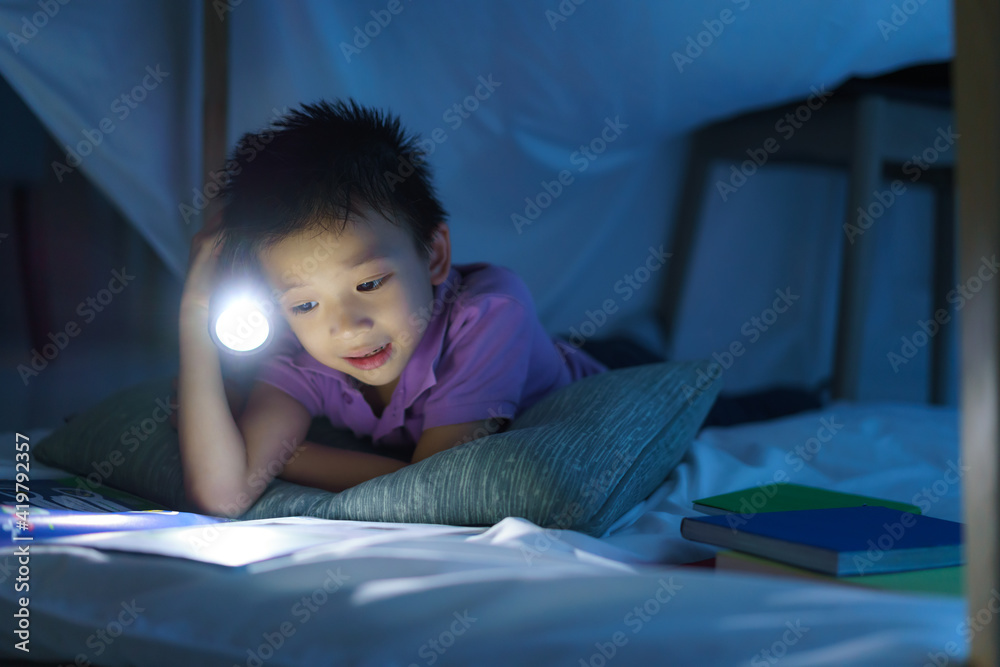 亚洲学龄前男孩将露营玩耍，并在李用手电筒看书