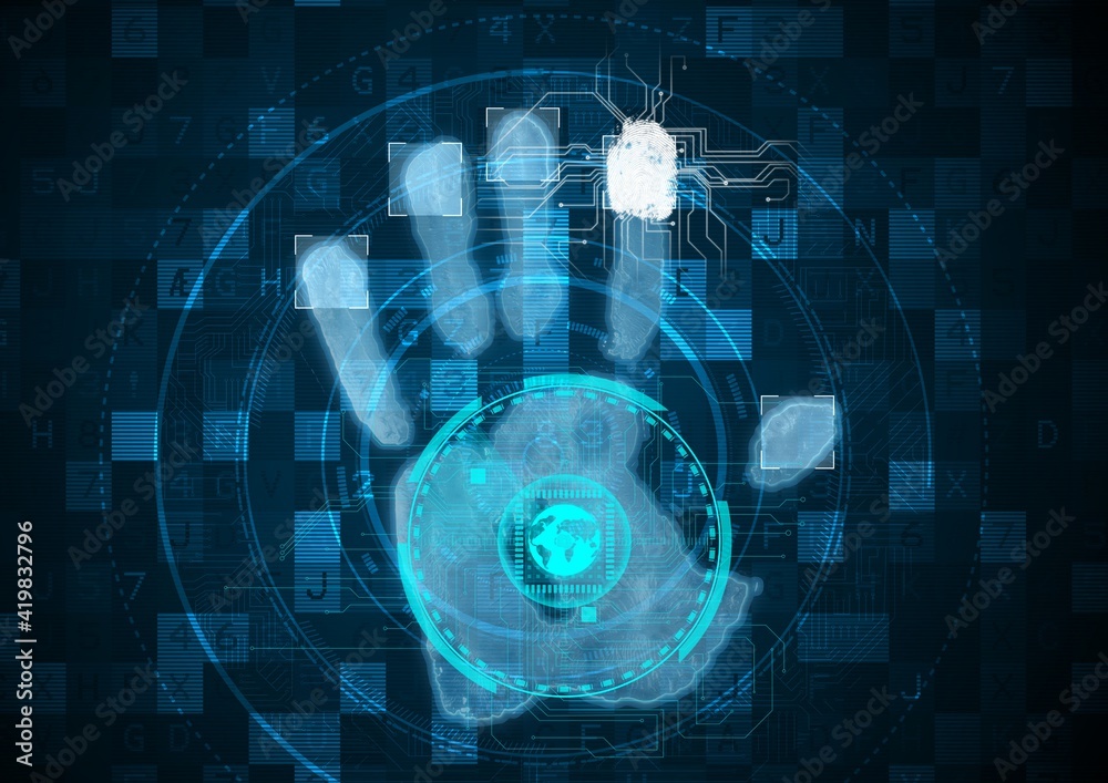 在蓝色背景下，通过生物识别扫描仪进行数据处理，进行人体手印