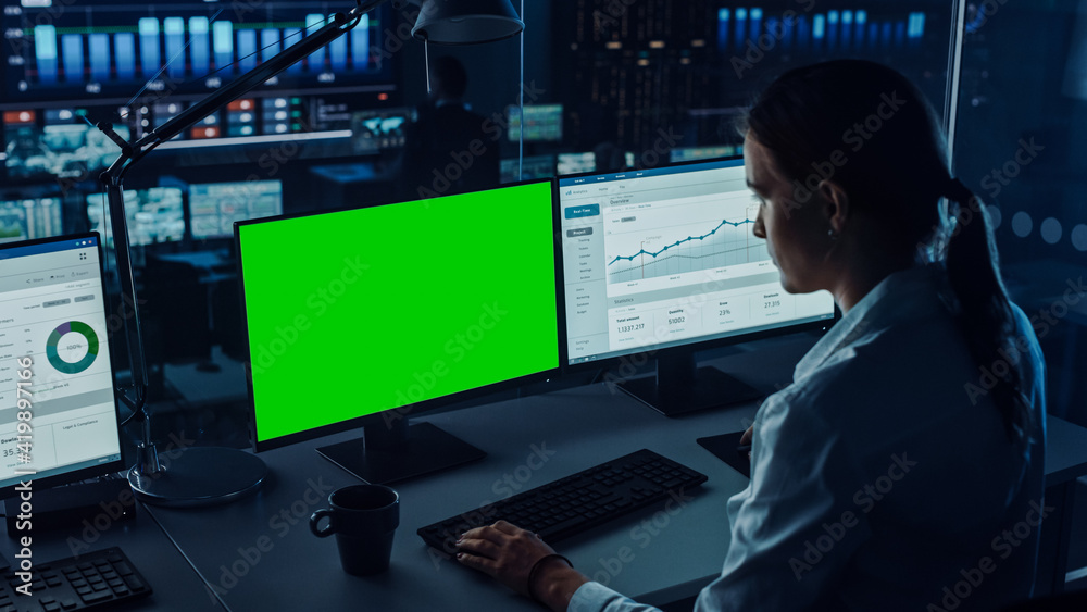 Professional Financial Data Analysts Working on a Computer with Green Screen in Modern Monitoring Of
