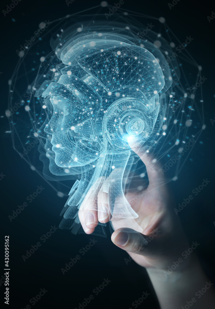Man hand using digital artificial intelligence holographic projection 3D rendering
