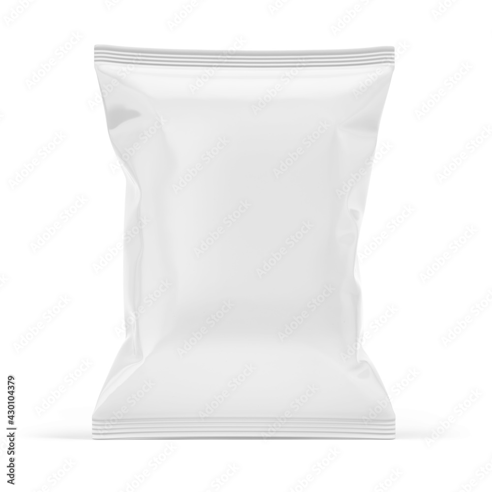 空白白色塑料袋。食品零食，薯片包装隔离在白色beckground上。三维渲染模型