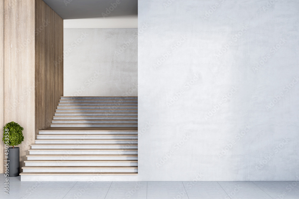 环保风格楼梯，靠近空白轻质混凝土墙，木质装饰。3D渲染，实体模型