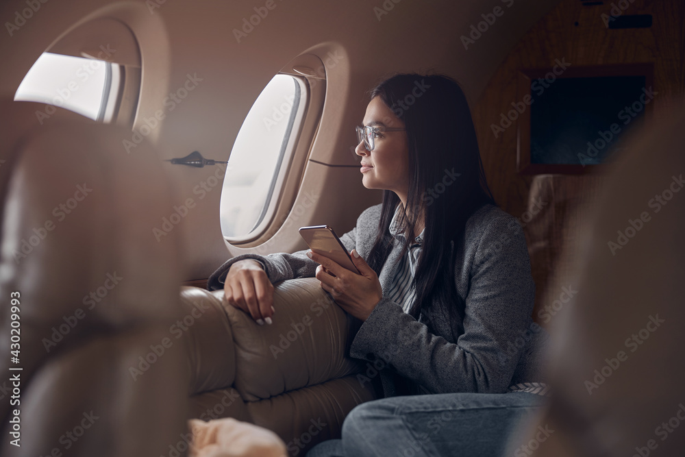 坐在私人飞机上快乐微笑的美丽商务女性