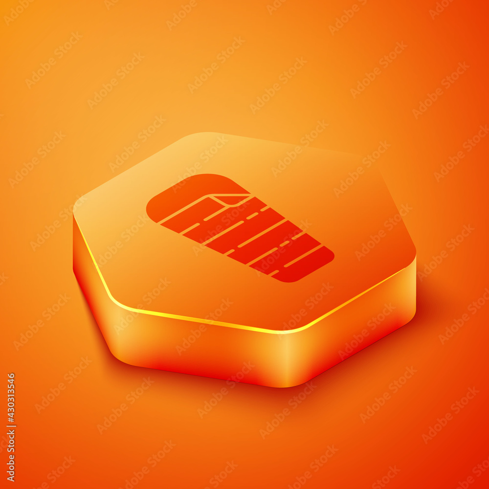 橙色背景上隔离的等距睡袋图标。橙色六边形按钮。矢量
