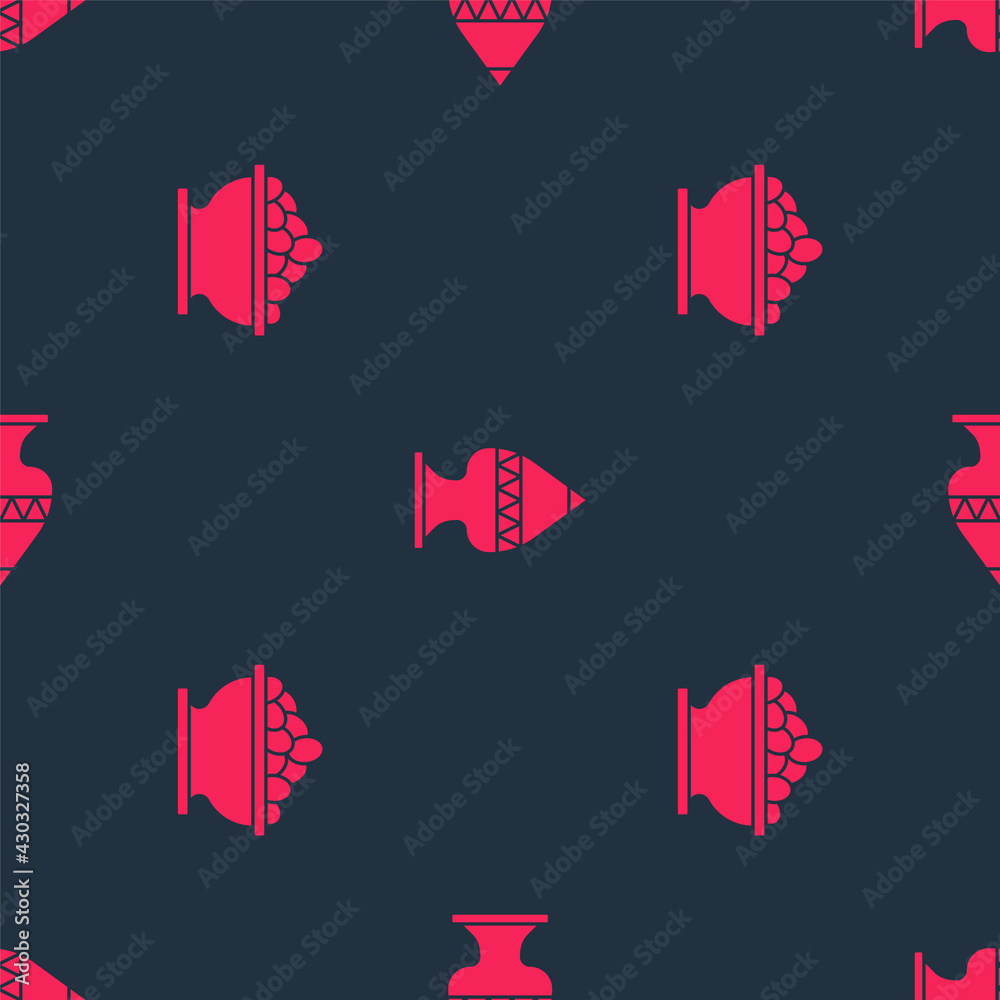 Set Olives in bowl and Ancient amphorae on seamless pattern. Vector