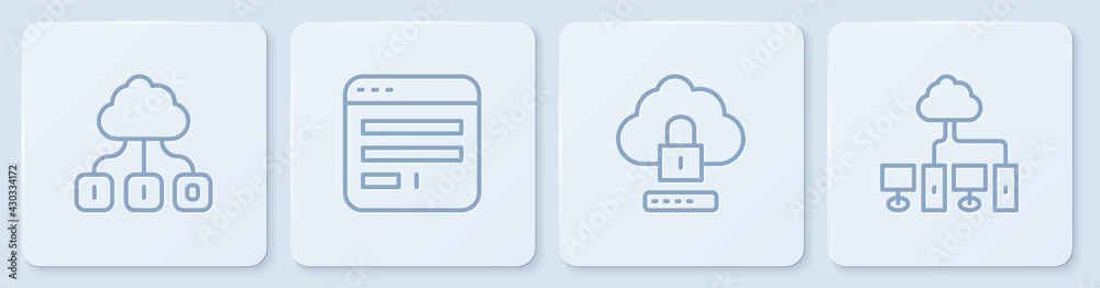 Set line Cloud technology data transfer, computing lock, Browser window and Computer network. White 