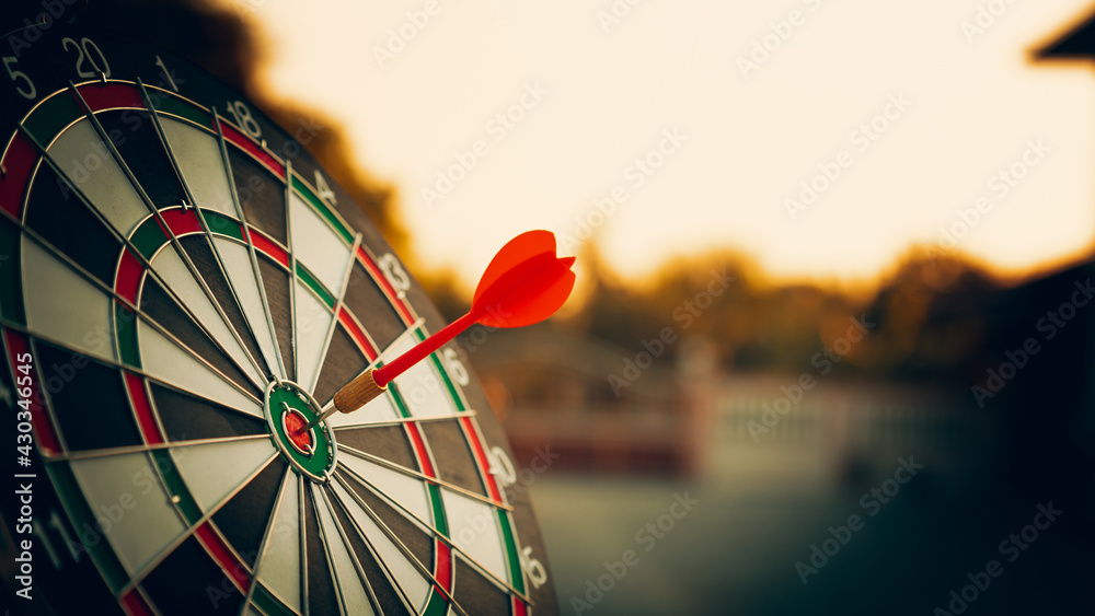 bullseye target or dart board has red dart arrow throw hitting the center of a shooting for business