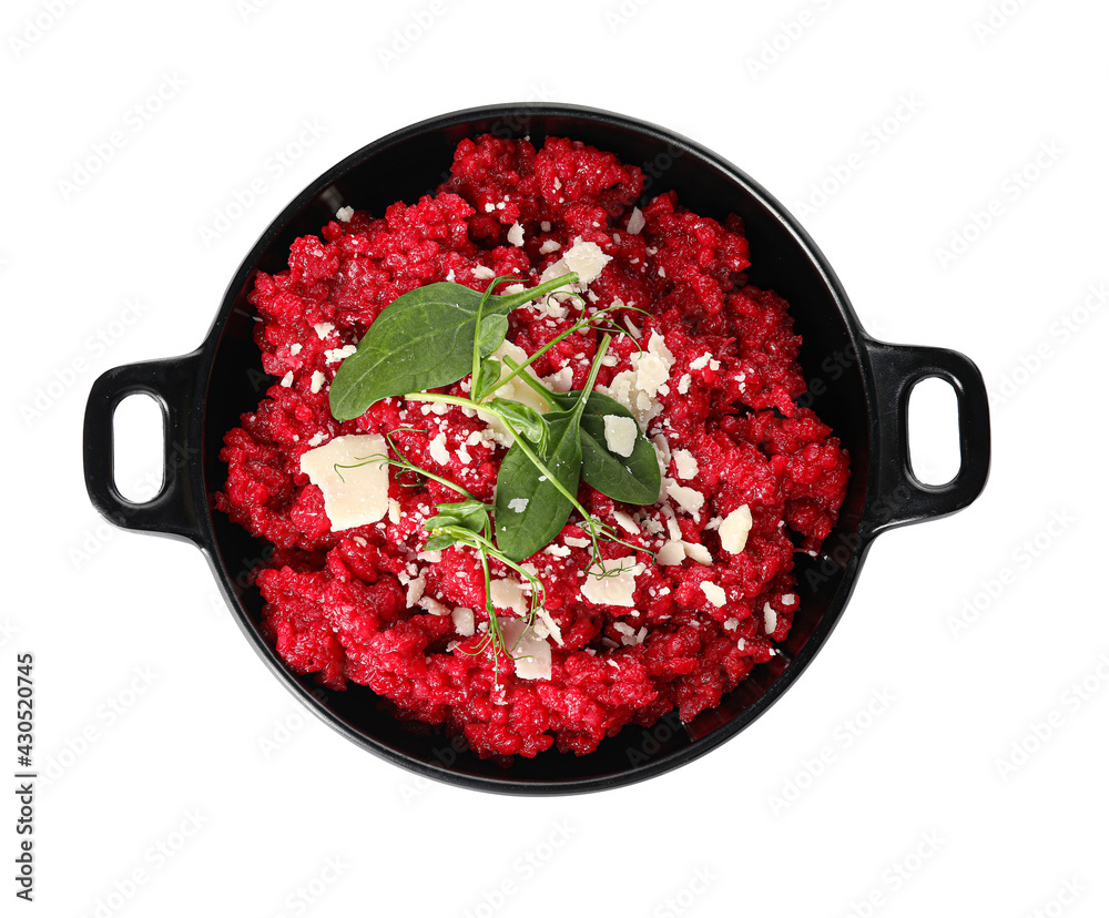 Frying pan with tasty beet risotto on white background