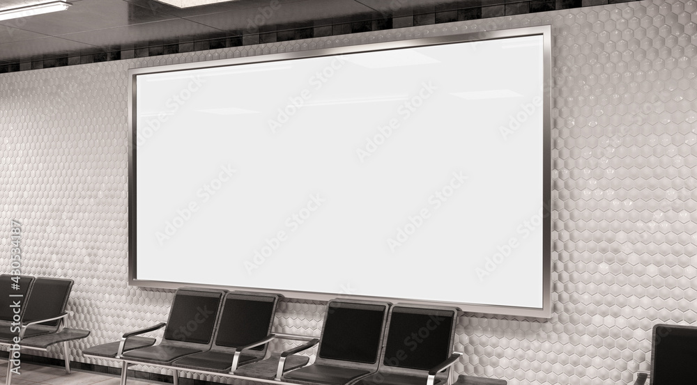 Panoramic 2:1 billboard on underground wall Mockup. Hoarding advertising on train station wall 3D re