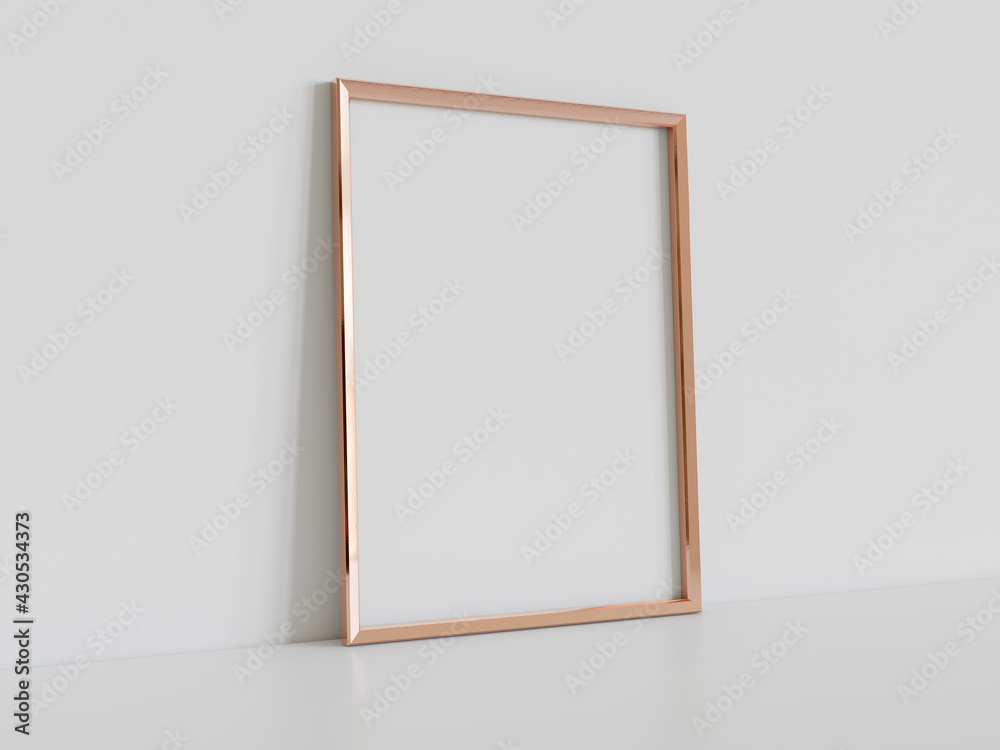 Golden frame leaning on white floor in interior mockup. Template of a picture framed on a wall 3D re