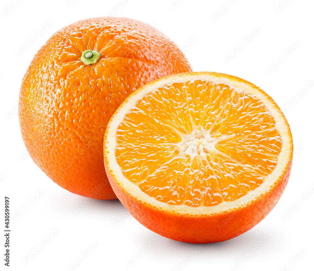 橙色隔离物。白色背景上的橙色水果片。半个完整的橙色水果。完整深度