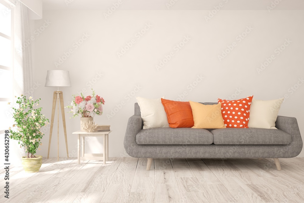 Soft color living room with colorful furniture. Scandinavian interior design. 3D illustration