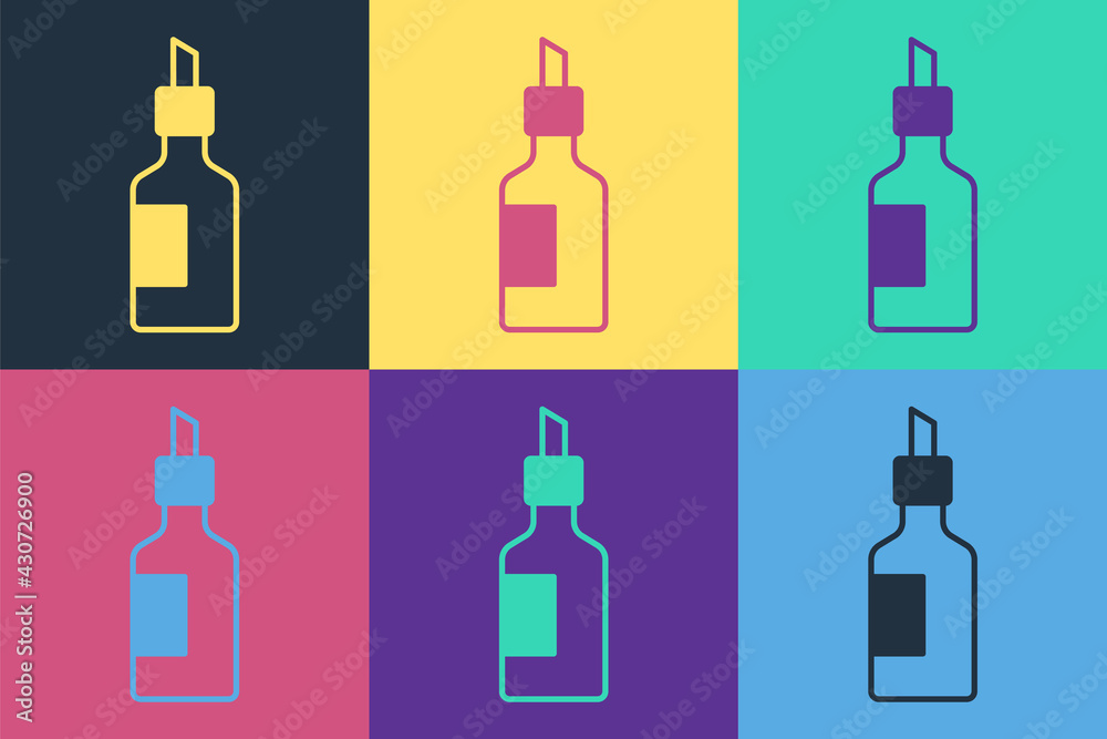 在彩色背景上隔离的橄榄油图标的波普艺术瓶。橄榄油图标。矢量