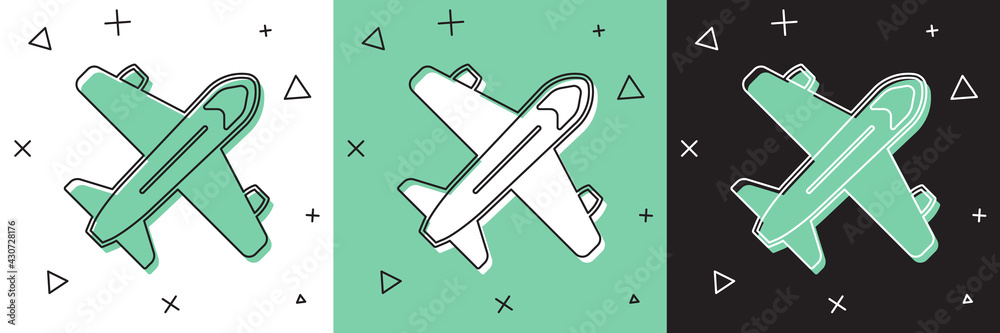将飞机图标隔离在白、绿、黑背景上。飞行飞机图标。航空公司标志.V