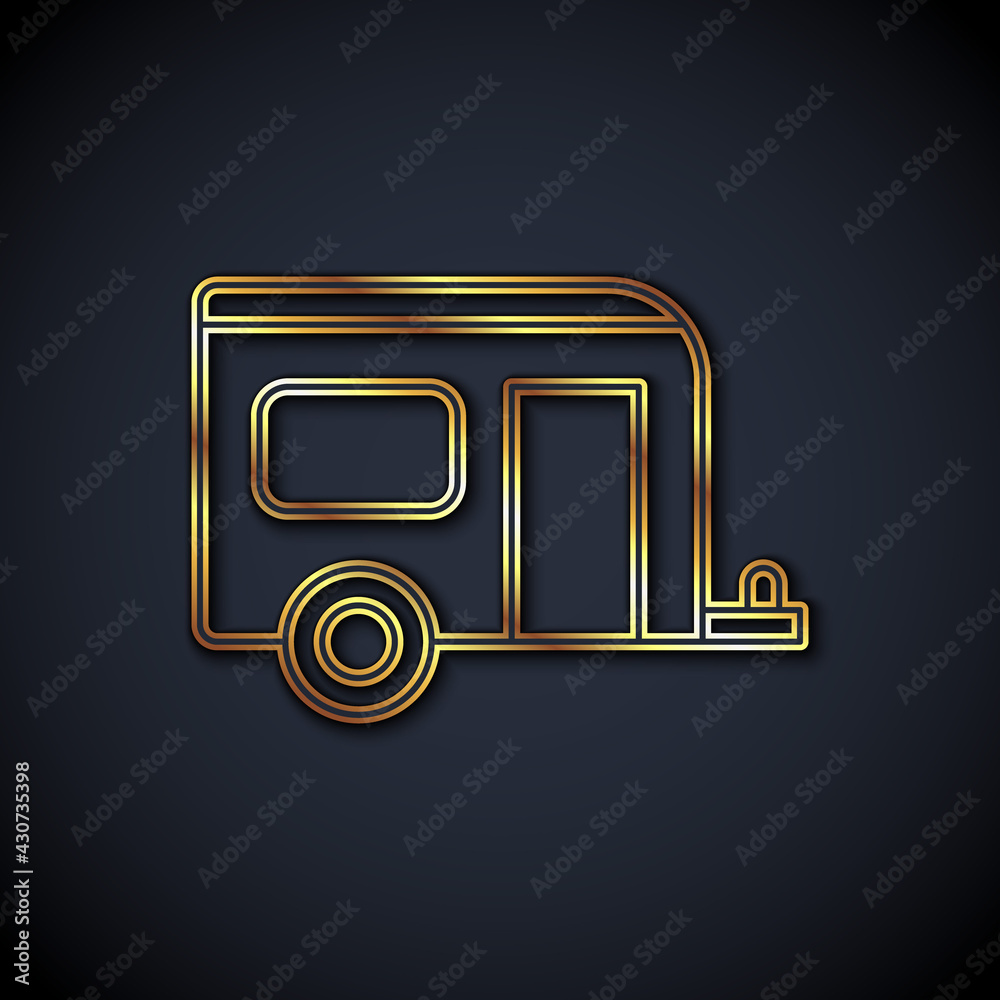 金色线条Rv露营拖车图标隔离在黑色背景上。旅行移动房屋，房车，家庭卡
