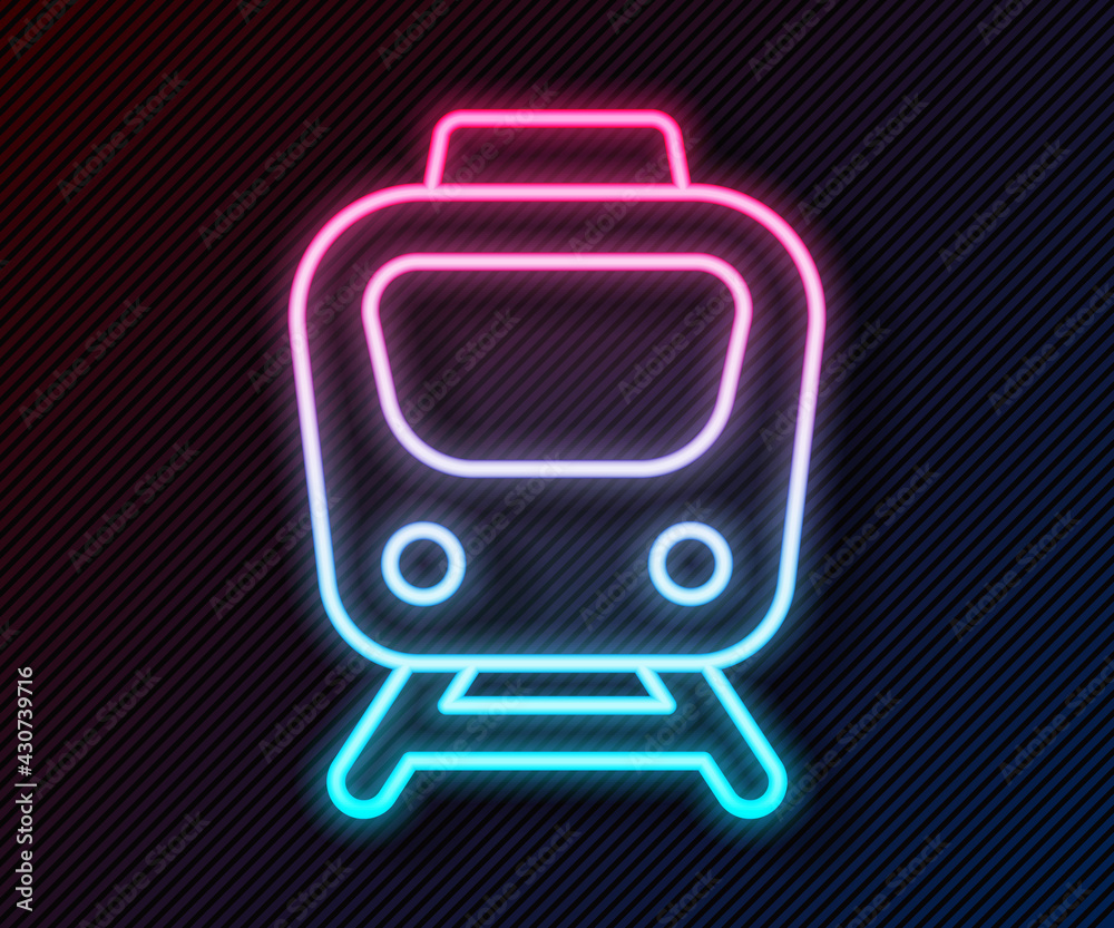 闪闪发光的霓虹灯线路黑色背景上隔离的火车图标。公共交通符号。地铁轨道