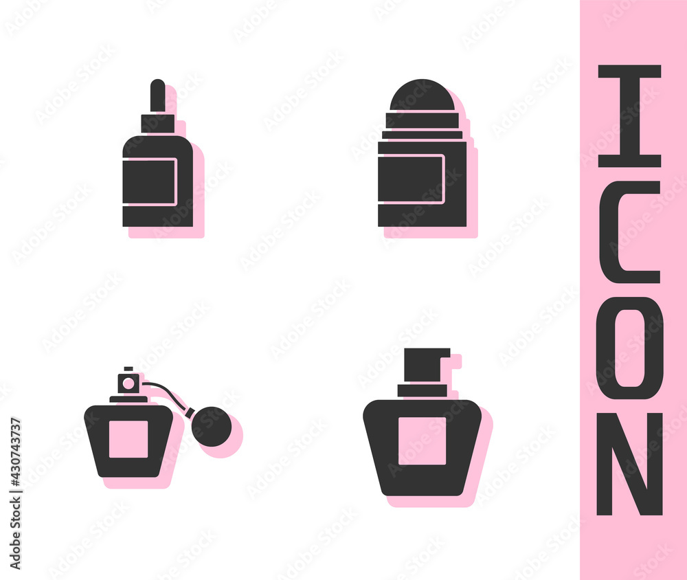 套装面霜或乳液化妆品管，香水和止汗除臭剂卷图标。矢量