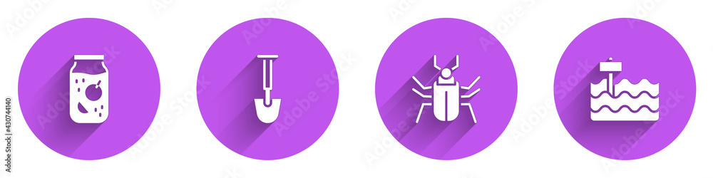 Set Jam jar, Shovel, Insect fly and Garden bed icon with long shadow. Vector