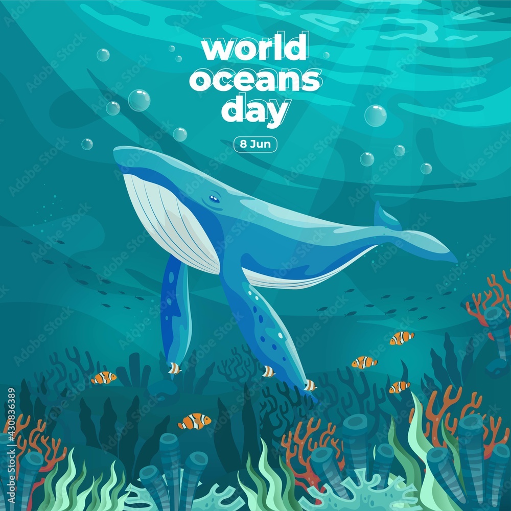 6月8日世界海洋日。拯救我们的海洋。大型鲸鱼和鱼类在美丽的海水下游泳