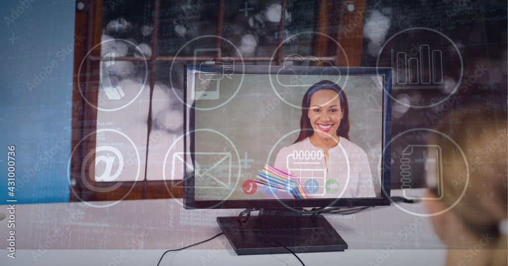 计算机视频通话屏幕上女商人图标网络的组成