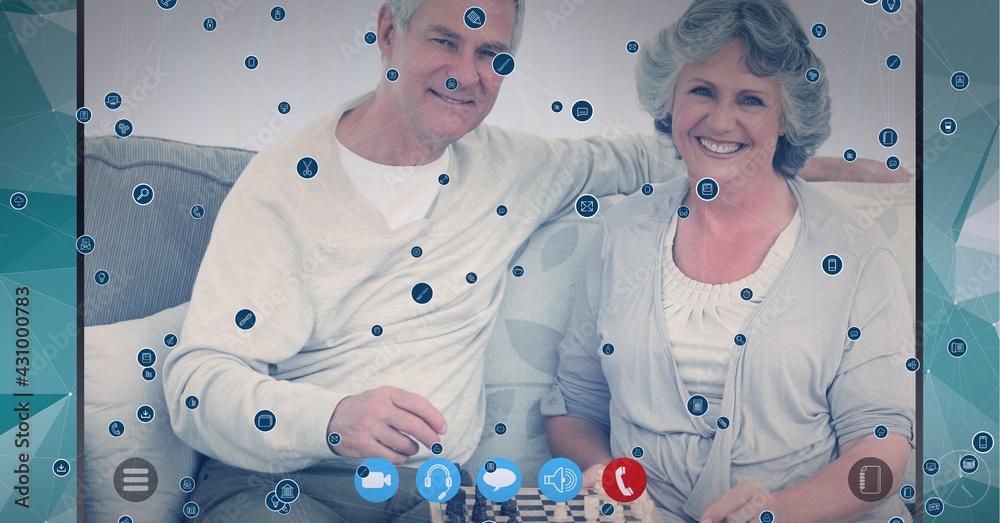 Composition of digital interface icons over senior couple smiling on computer video call screen