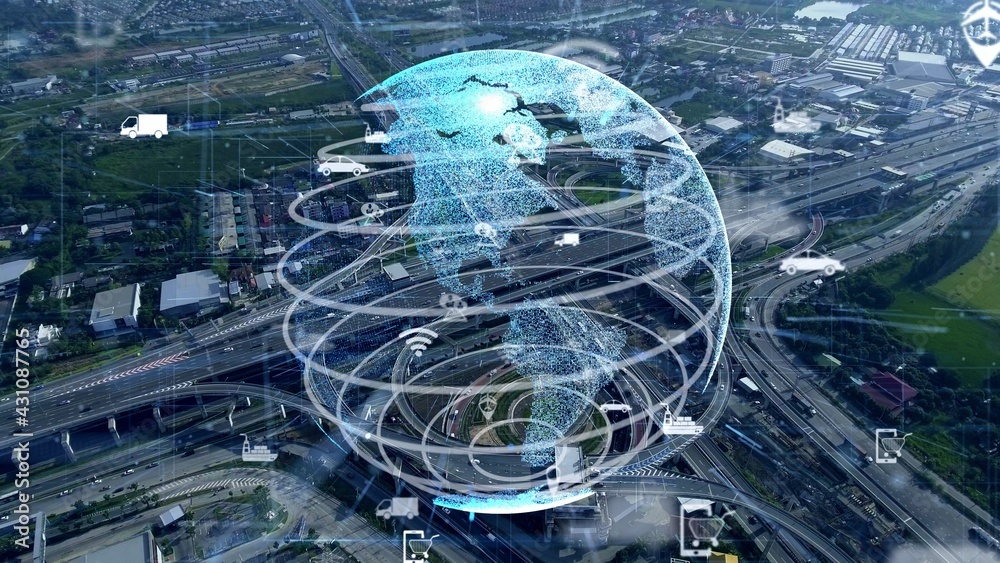 智能城市的全球连接和交通现代化。未来5G无线数字合作的概念