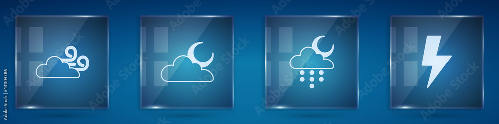 Set Windy weather, Cloud with moon, rain and and Lightning bolt. Square glass panels. Vector