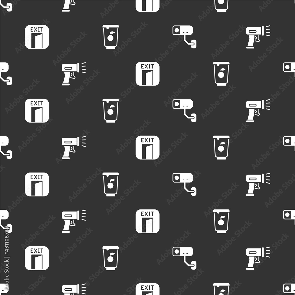 Set Security camera, Scanner scanning bar code, Fire exit and Yogurt container on seamless pattern. 