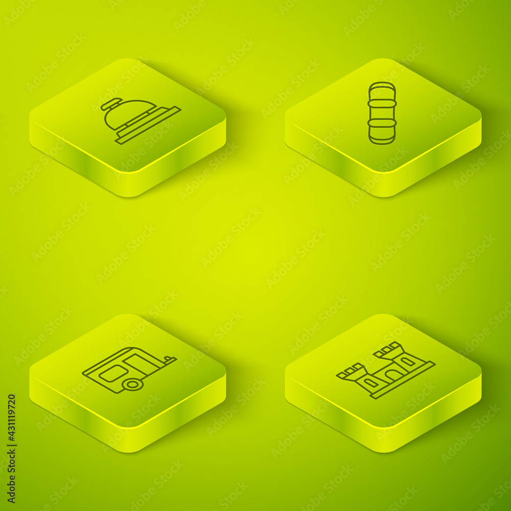 Set Isometric line Snowboard, Rv Camping trailer, Sand castle and Hotel service bell icon. Vector