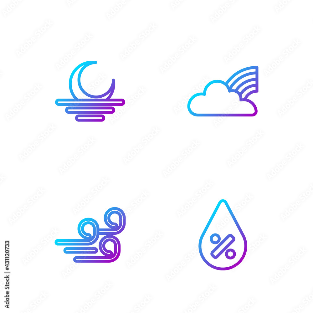 Set line Water drop percentage, Windy weather, Sunset and Rainbow with clouds. Gradient color icons.
