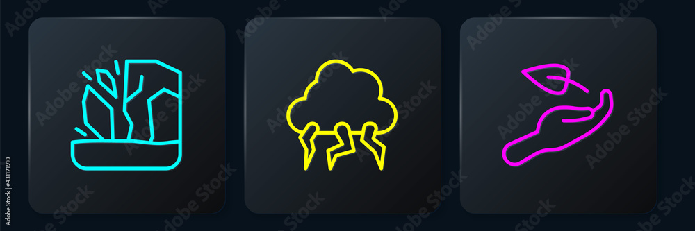 Set line Glacier melting, Sprout hand and Storm. Black square button. Vector