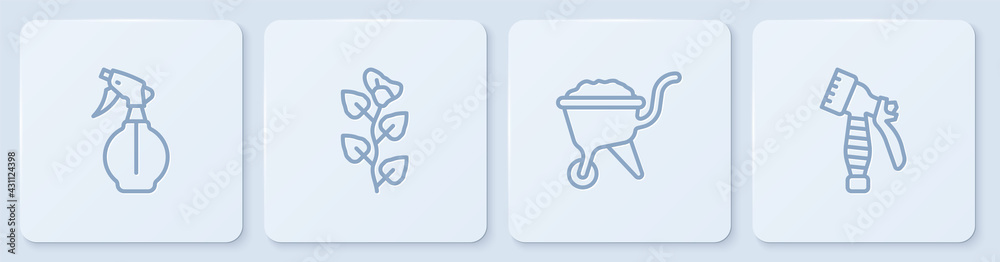 Set line Water spray bottle, Wheelbarrow with dirt, Ivy branch and . White square button. Vector