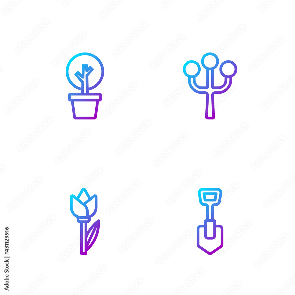 Set line Shovel, Flower tulip, Forest and Blossom tree branch. Gradient color icons. Vector